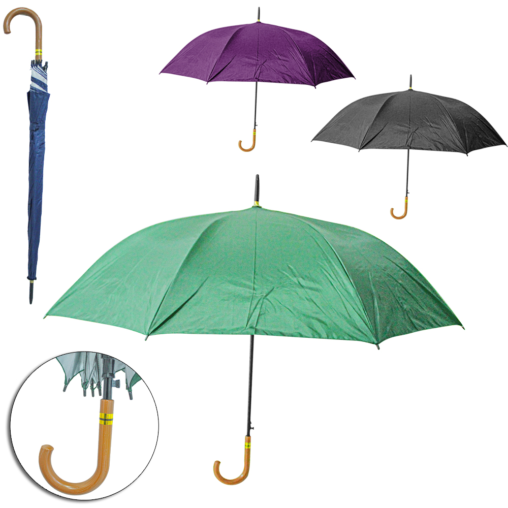 GUARDA CHUVA DE POLIESTER AUTOMATICO PORTARIA RAINY DAY 8 VARETAS CABO CURVO PLASTICO TIPO MADEIRA 120CM DE Ø