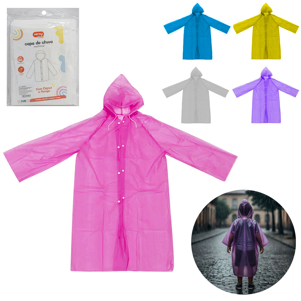 CAPA DE CHUVA INFANTIL DE PLASTICO COM BOTAO VERSY KIDS