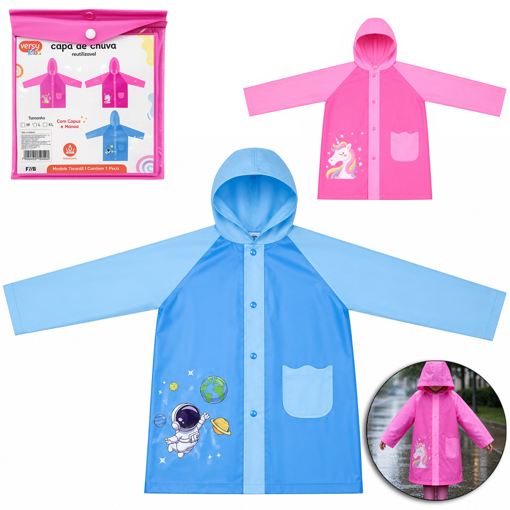 CAPA DE CHUVA INFANTIL DE PVC COM BOTAO VERSY KIDS