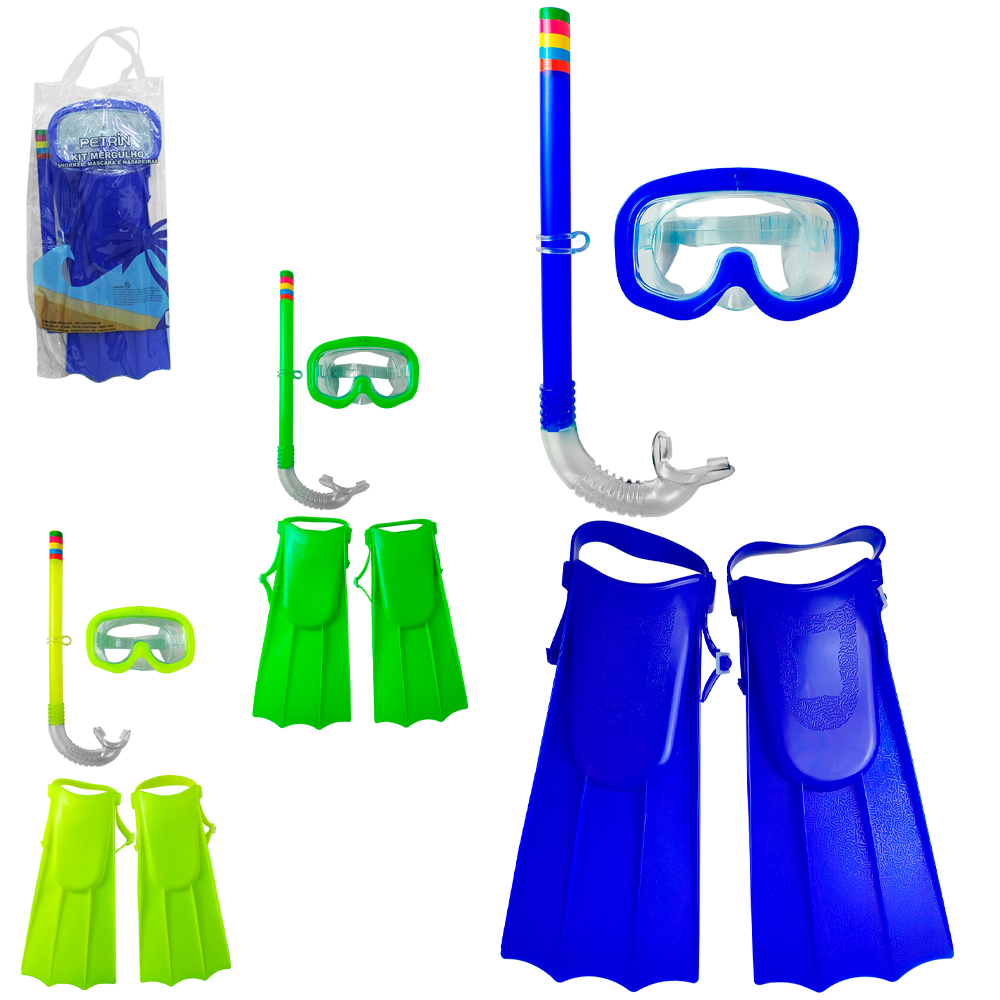 KIT OCULOS DE NATACAO / MERGULHO MASCARA + SNORKEL E PE DE PATO COM 3 PECAS 