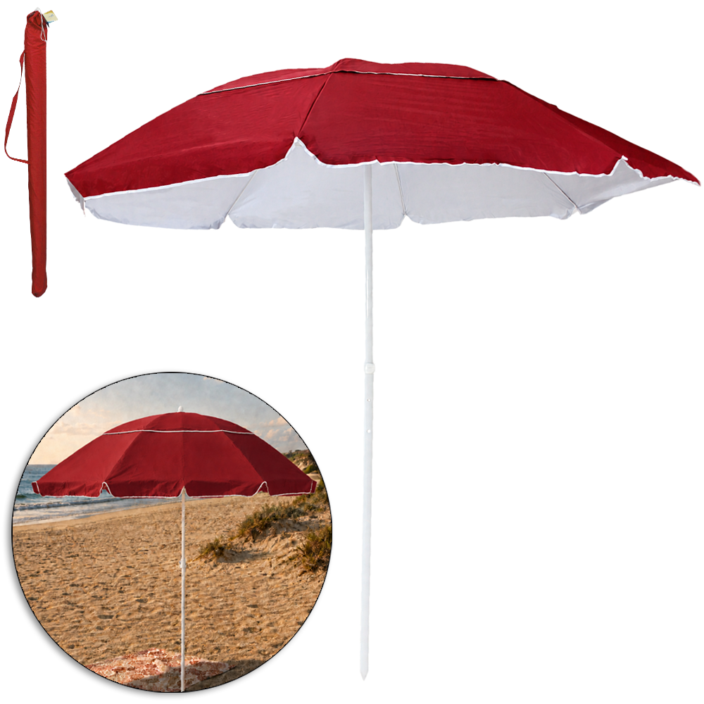 GUARDA SOL DE POLIESTER VERMELHO PROTECAO UV 50 CABO METAL 240X220CM DE Ø 