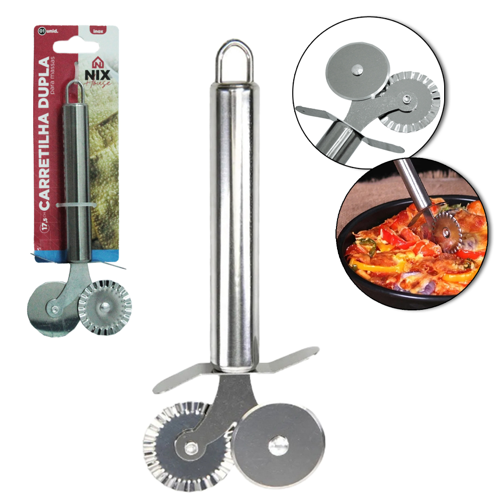 CARRETILHA DE INOX DUPLA CORTADOR DE MASSAS 17,5CM NA CARTELA 