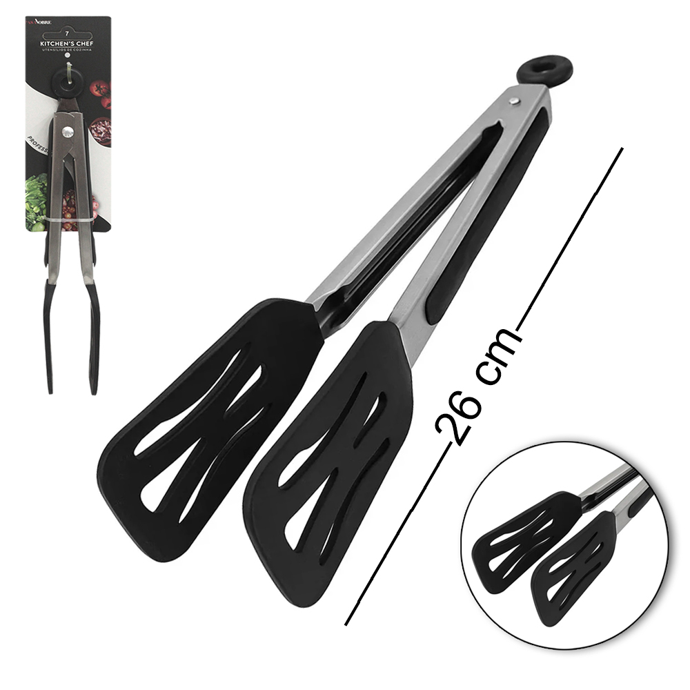 PEGADOR MULTIUSO DE INOX / SILICONE VAZADO PRETO COM MOLA E TRAVA PROFISSIONAL CASA NOBRE KITCHEN'S CHEF