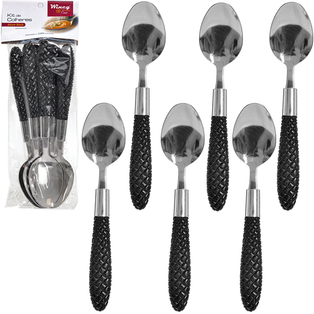  COLHER DE MESA DE INOX CABO PLASTICO ALLURE BLACK COM 6 PECAS 19CM 