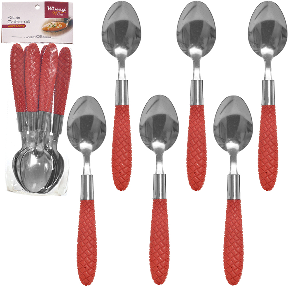  COLHER DE MESA DE INOX CABO PLASTICO ALLURE CHERRY COM 6 PECAS 19CM 