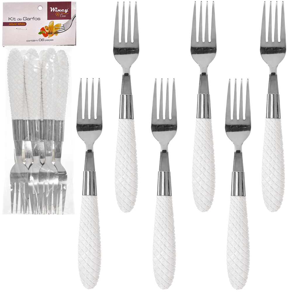  GARFO DE MESA DE INOX CABO PLASTICO ALLURE WHITE COM 6 PECAS 20CM 