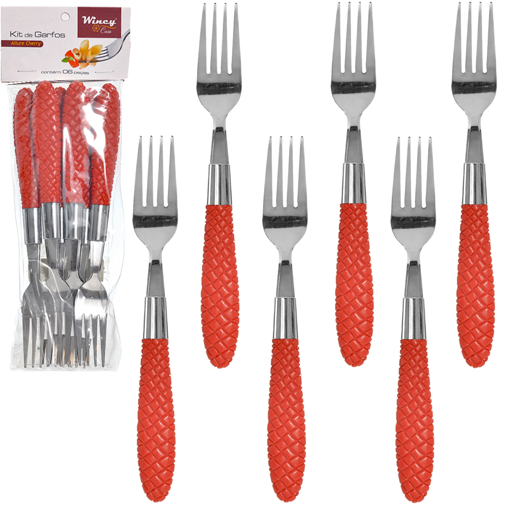  GARFO DE MESA DE INOX CABO PLASTICO ALLURE CHERRY COM 6 PECAS 20CM 