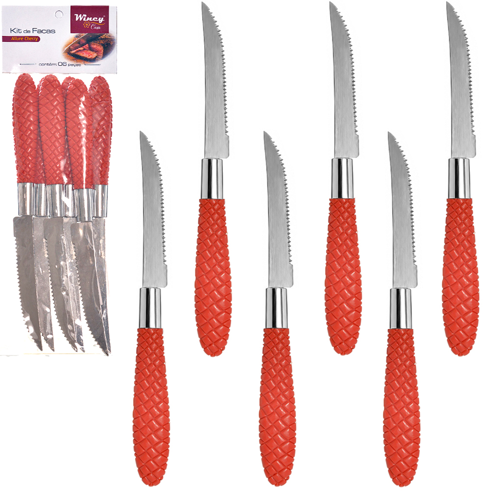  FACA DE MESA DE INOX CABO PLASTICO ALLURE CHERRY COM 6 PECAS 22CM