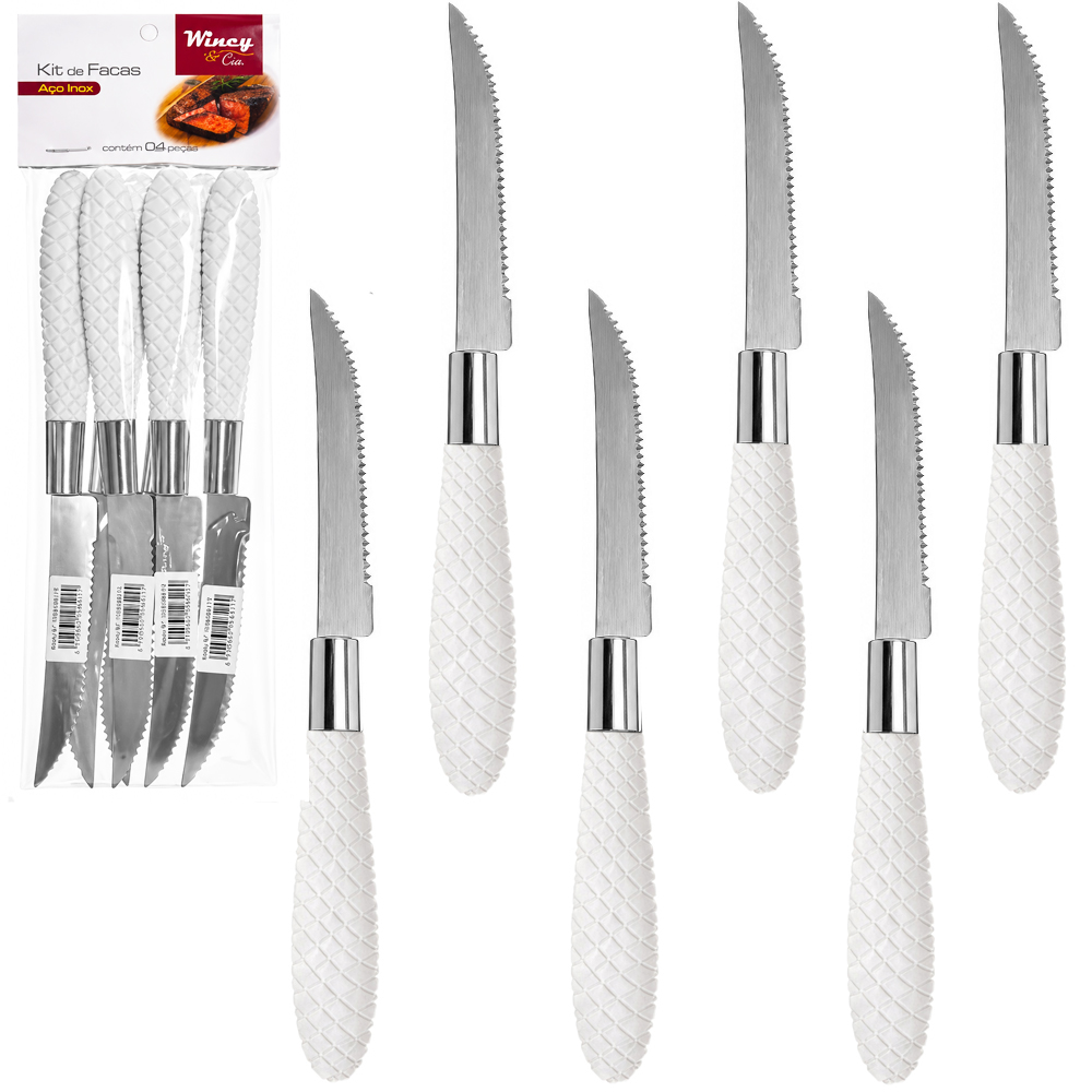  FACA DE MESA DE INOX CABO PLASTICO ALLURE WHITE COM 6 PECAS 22CM 