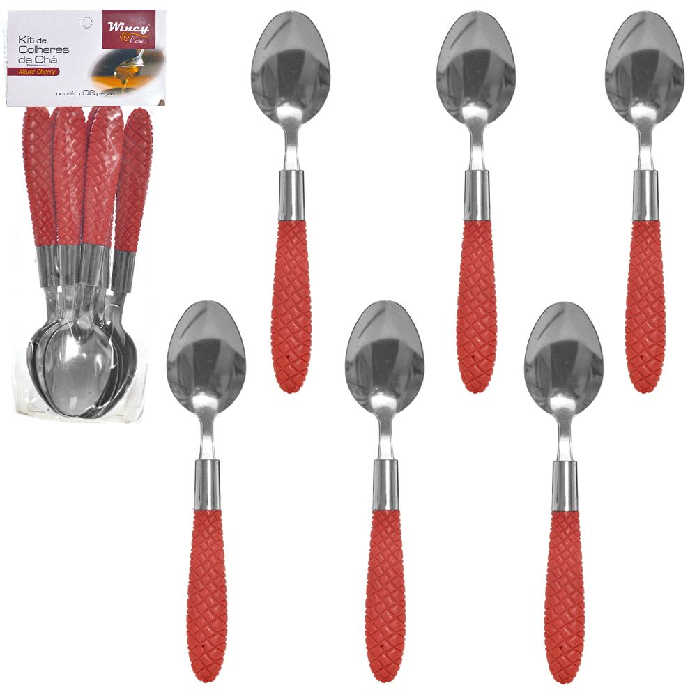  COLHER DE CHA DE INOX CABO PLASTICO ALLURE CHERRY COM 6 PECAS 16,5CM