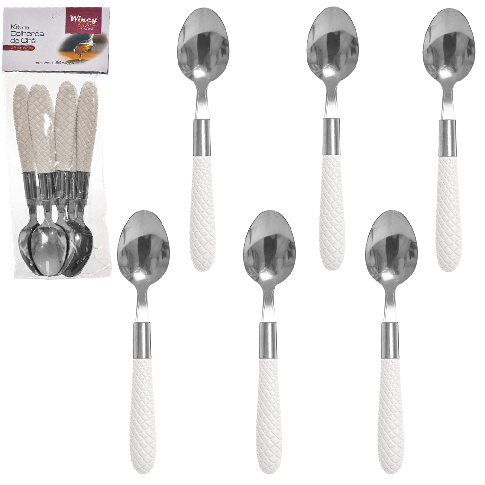  COLHER DE CHA DE INOX CABO PLASTICO ALLURE WHITE COM 6 PECAS 16,5CM 