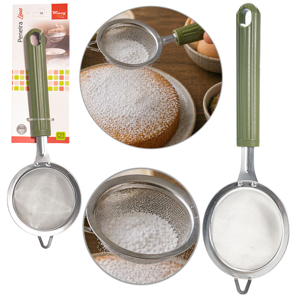  PENEIRA COADOR DE INOX CABO PLASTICO VERDE LINES 26,5X9CM 