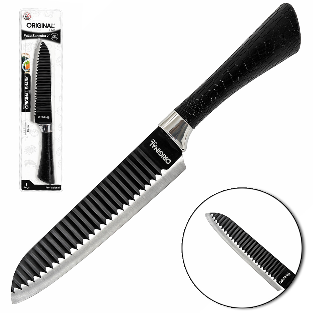 FACA DE INOX SANTOKU 7'' CABO PLASTICO PRETO SHARK