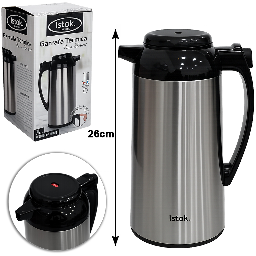  GARRAFA TERMICA DE INOX COM AMPOLA DE VIDRO + BOTAO TRAVA OFF/ON BEIRUT 1L