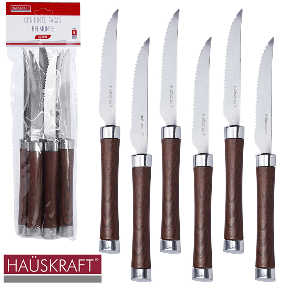  FACA DE MESA DE INOX CABO PLASTICO TIPO MADEIRA BELMONTE HAUSKRAFT COM 6 PECAS 22CM