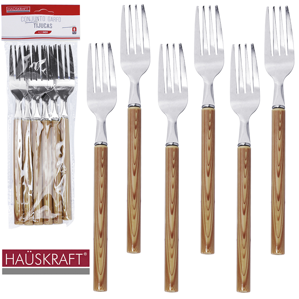  GARFO DE MESA DE INOX CABO PLASTICO TIPO MADEIRA TIJUCAS HAUSKRAFT COM 6 PECAS 19CM