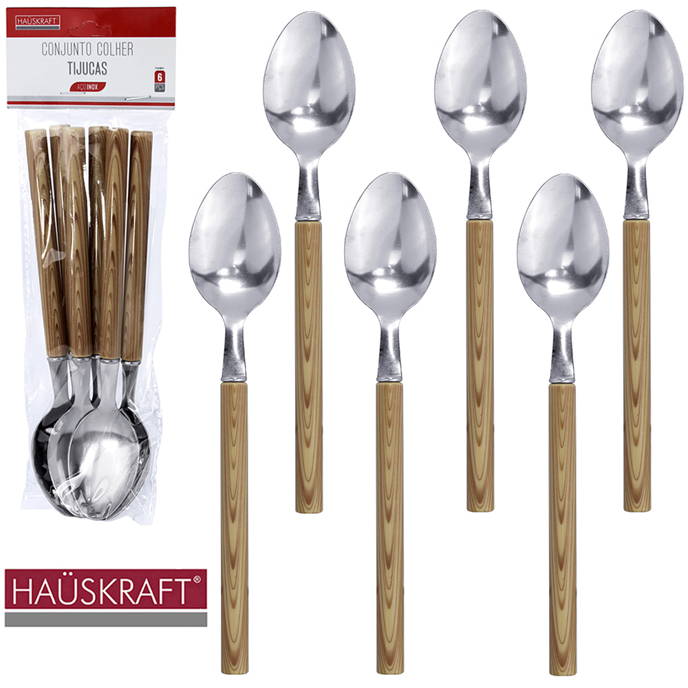  COLHER DE MESA DE INOX CABO PLASTICO TIPO MADEIRA TIJUCAS COM 6 PECAS 19CM