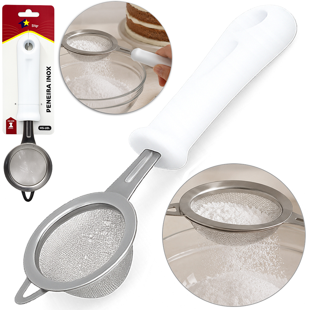 PENEIRA COADOR DE INOX CABO PLASTICO BRANCO HOME STAR 22,5X6,5CM DE Ø 