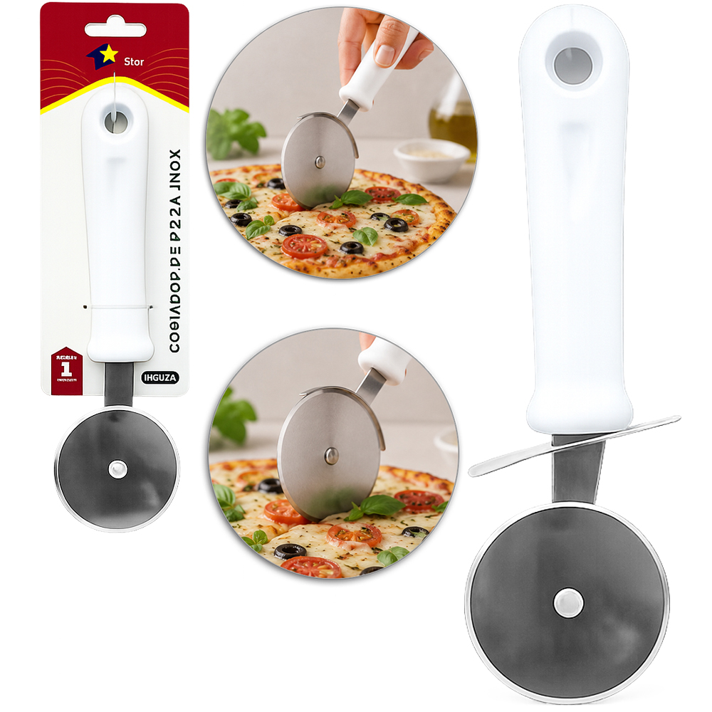 CARRETILHA CORTADOR DE PIZZA DE INOX CABO PLASTICO BRANCO HOME STAR 20X7,5CM 