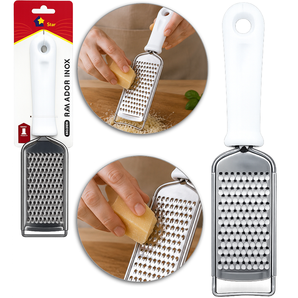 RALADOR DE INOX 1 FACE CABO PLASTICO BRANCO HOME STAR 25X5,5CM 