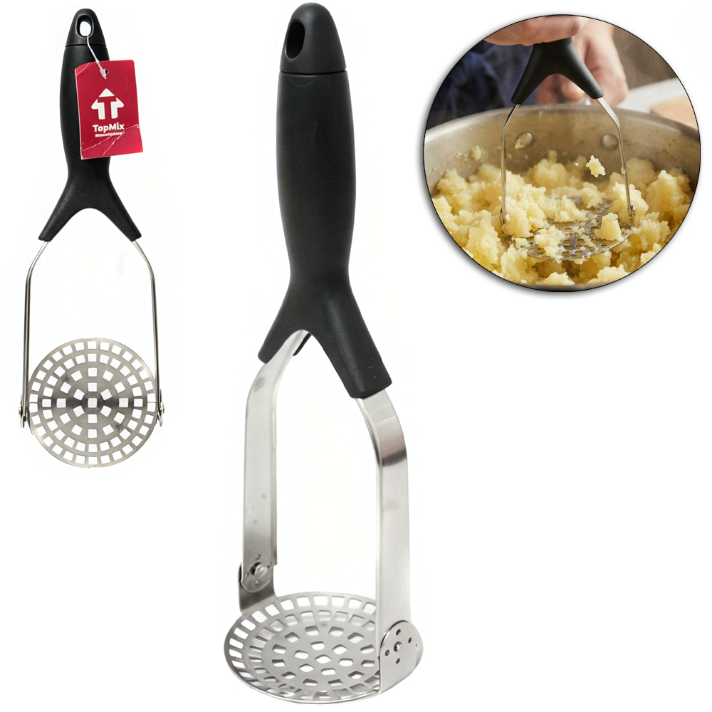 AMASSADOR MULTIUSO DOBRAVEL  DE INOX CABO PLASTICO PRETO LUXO 27X10CM DE Ø 