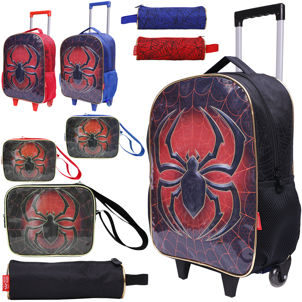 KIT MOCHILA INFANTIL MASCULINA COM CARRINHO 16'' + LANCHEIRA 10'' E ESTOJO SPIDER