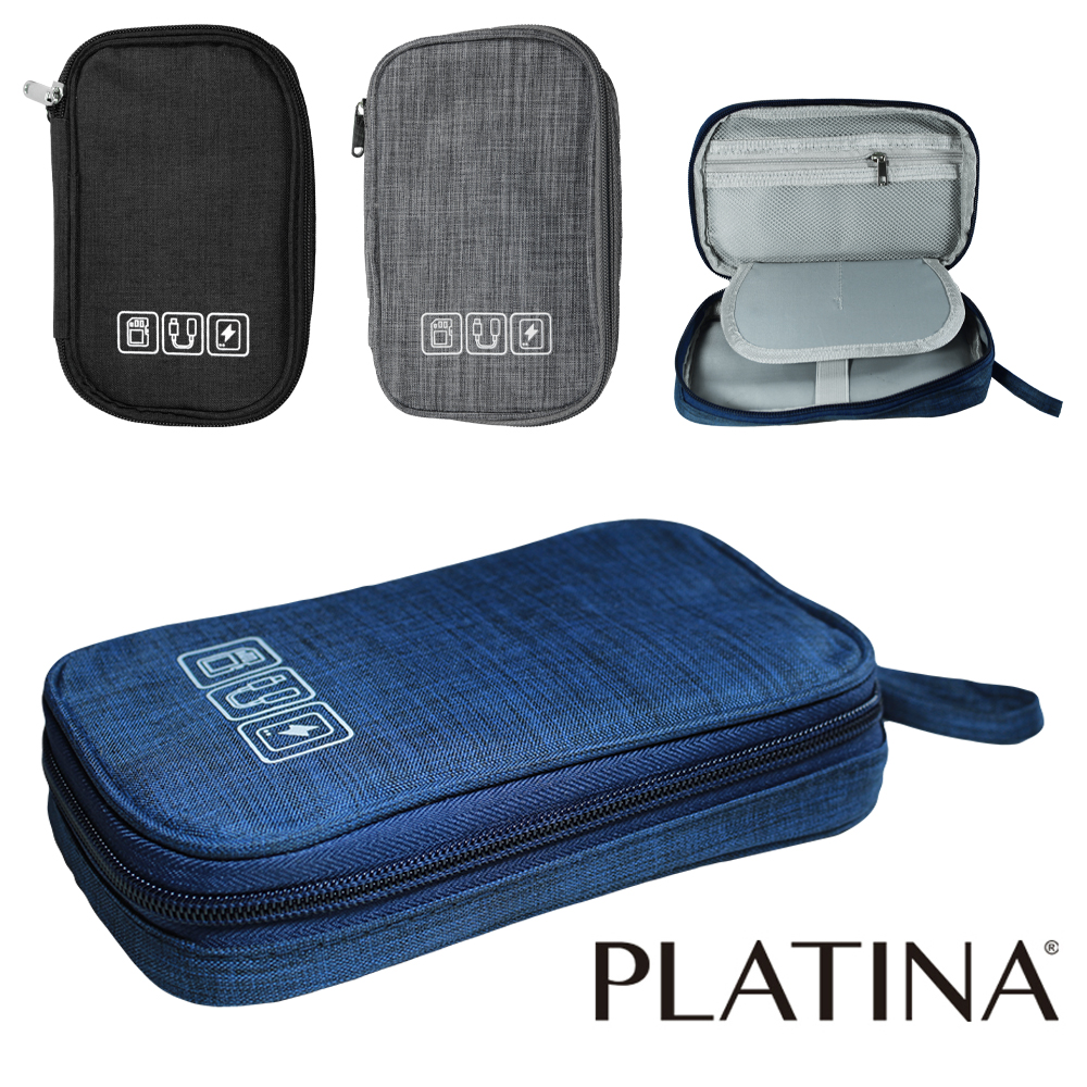 NECESSAIRE ORGANIZADOR PARA CABOS DE POLIESTER RETANGULAR UNISSEX COM ALCA E ZIPER PLATINA 19X12X3,5CM  