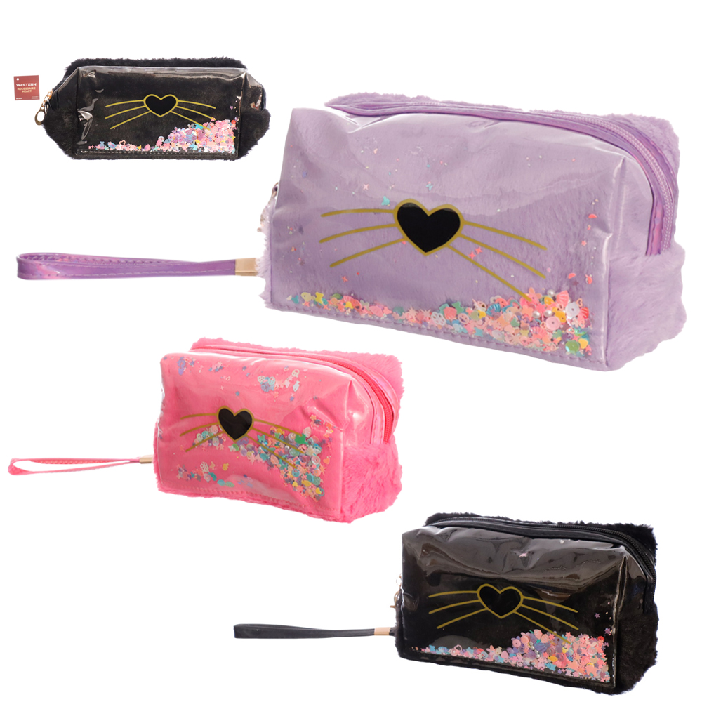 NECESSAIRE DE PELUCIA RETANGULAR FEMININA COM LANTEJOULA + ALCA E ZIPER HEART 18X10X7CM  