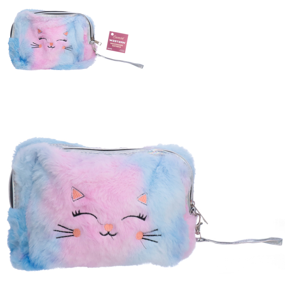 NECESSAIRE DE PELUCIA RETANGULAR FEMININA GATINHO + ALCA E ZIPER 23X15X7CM 