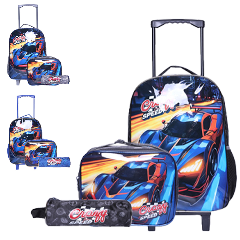 KIT MOCHILA INFANTIL MASCULINA COM CARRINHO 16'' LANCHEIRA 10'' E ESTOJO CRAZY FOR SPEED