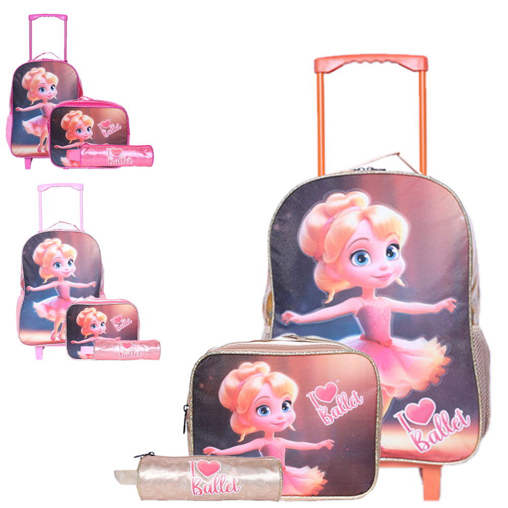 KIT MOCHILA INFANTIL FEMININA COM CARRINHO 16'' + LANCHEIRA 10'' E ESTOJO I LOVE BALLET