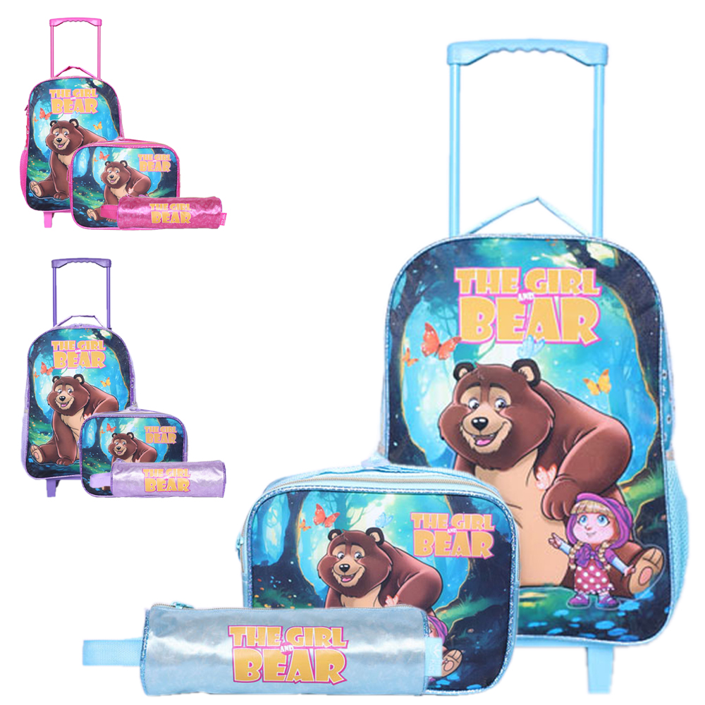 KIT MOCHILA INFANTIL FEMININA COM CARRINHO 16'' + LANCHEIRA 10'' E ESTOJO THE GIRL AND BEAR