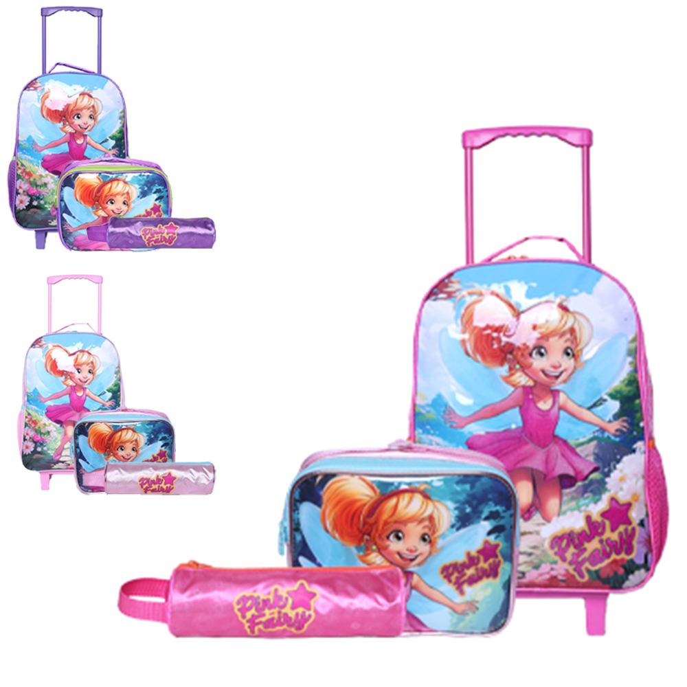 KIT MOCHILA INFANTIL FEMININA COM CARRINHO 16'' + LANCHEIRA 10'' E ESTOJO PINK FAIRY