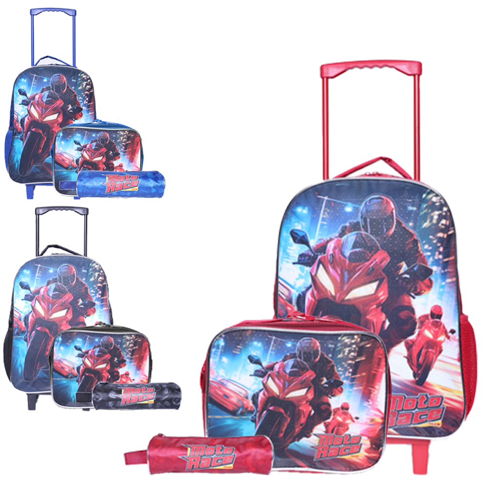 KIT MOCHILA INFANTIL MASCULINA COM CARRINHO 16'' + LANCHEIRA 10'' E ESTOJO MOTO CRAZY FOR SPEED