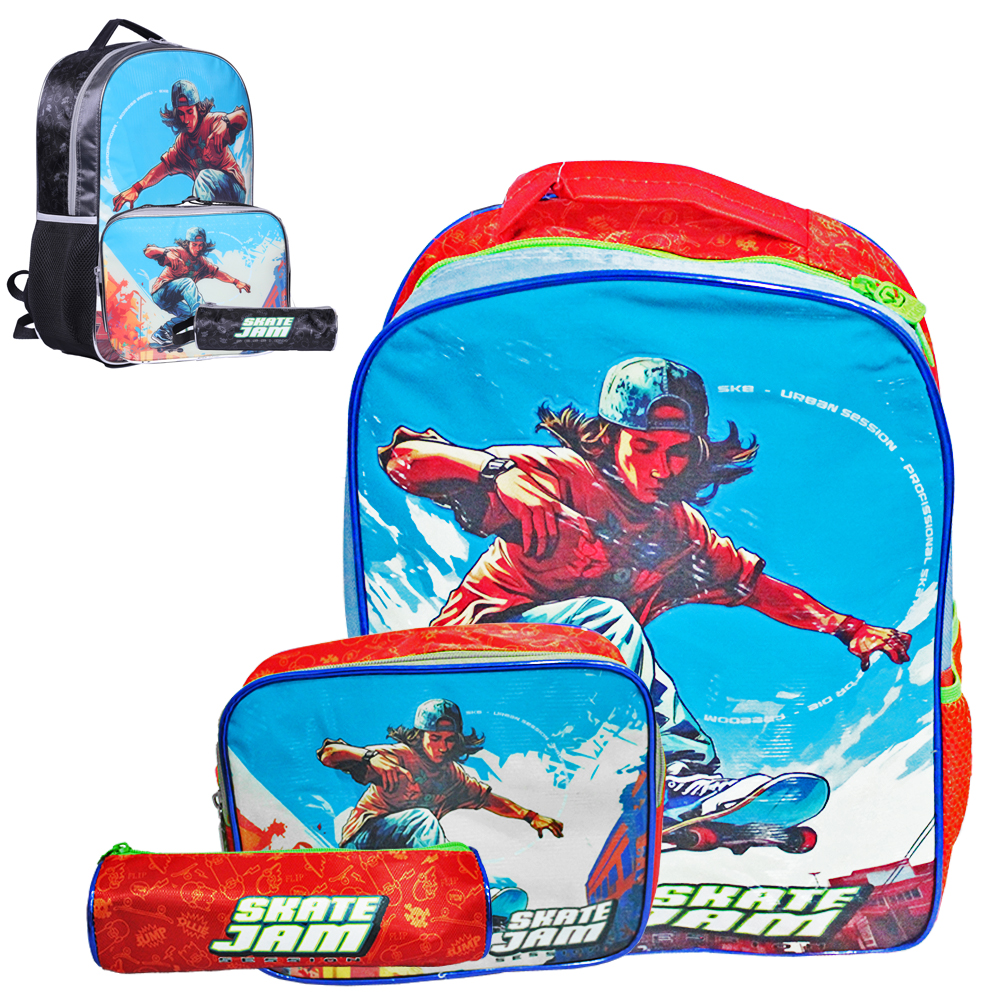 KIT MOCHILA INFANTIL UNISSEX 17,5'' + LANCHEIRA E ESTOJO SKATE JAM