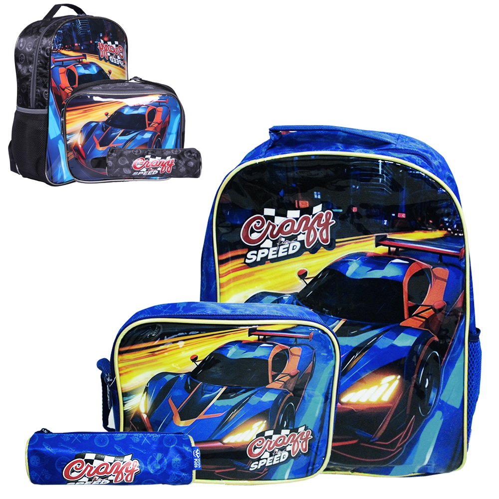 KIT MOCHILA INFANTIL MASCULINA 17,5'' + LANCHEIRA E ESTOJO CARRO CRAZY SPEED