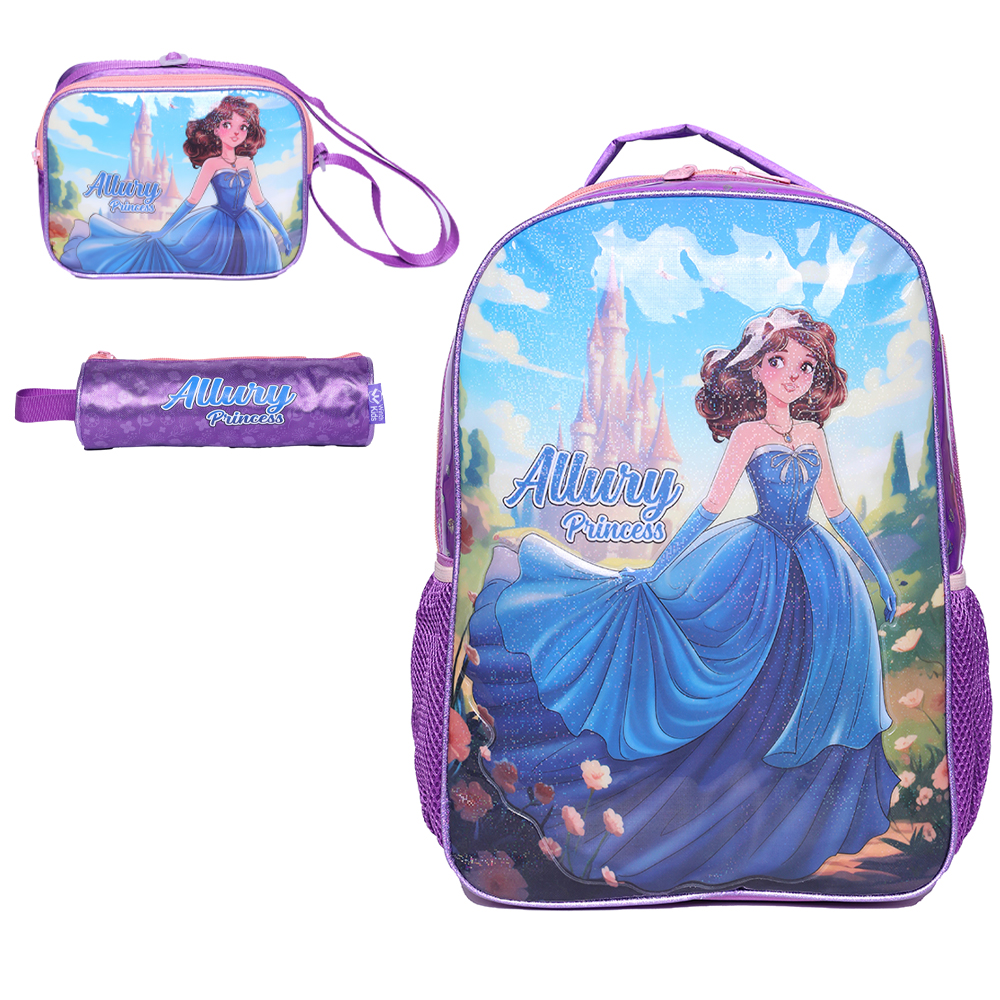 KIT MOCHILA INFANTIL FEMININA 17,5'' + LANCHEIRA E ESTOJO ALLURY PRINCESS