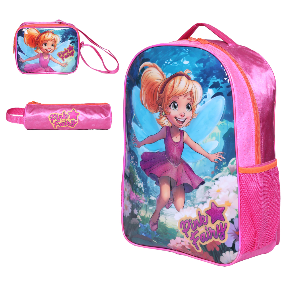 KIT MOCHILA INFANTIL FEMININA 17,5'' + LANCHEIRA E ESTOJO PINK FAIRY