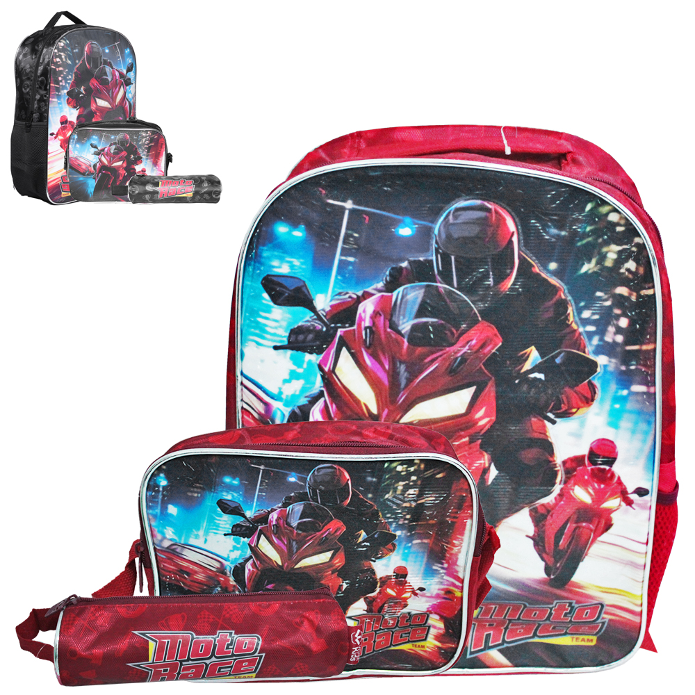 KIT MOCHILA INFANTIL MASCULINA 17,5'' + LANCHEIRA E ESTOJO MOTO CRAZY FOR SPEED