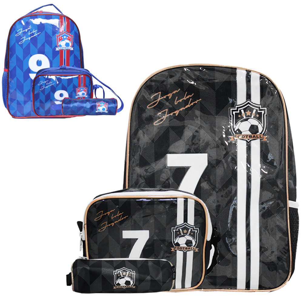 KIT MOCHILA INFANTIL MASCULINA 17,5'' + LANCHEIRA E ESTOJO FUTEBOL