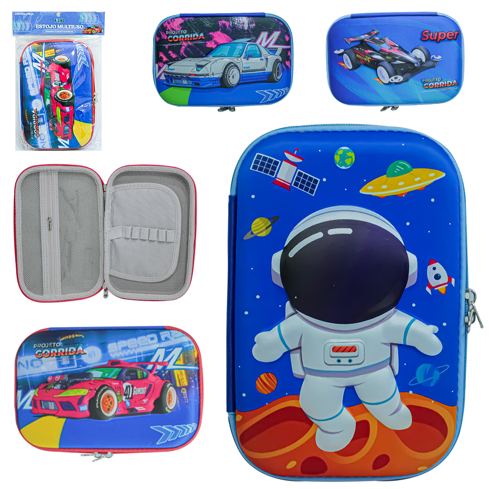 ESTOJO ESCOLAR INFANTIL RETANGULAR ASTRONAUTA / CARRO 22,8X15X4CM