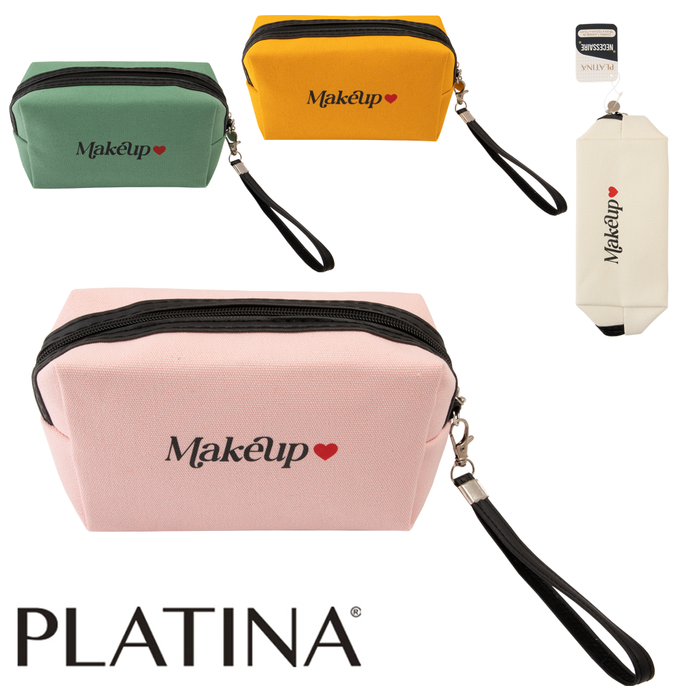 NECESSAIRE DE POLIESTER RETANGULAR FEMININA MAKEUP COM ALCA E ZIPER PLATINA 18X10,5X7,5CM