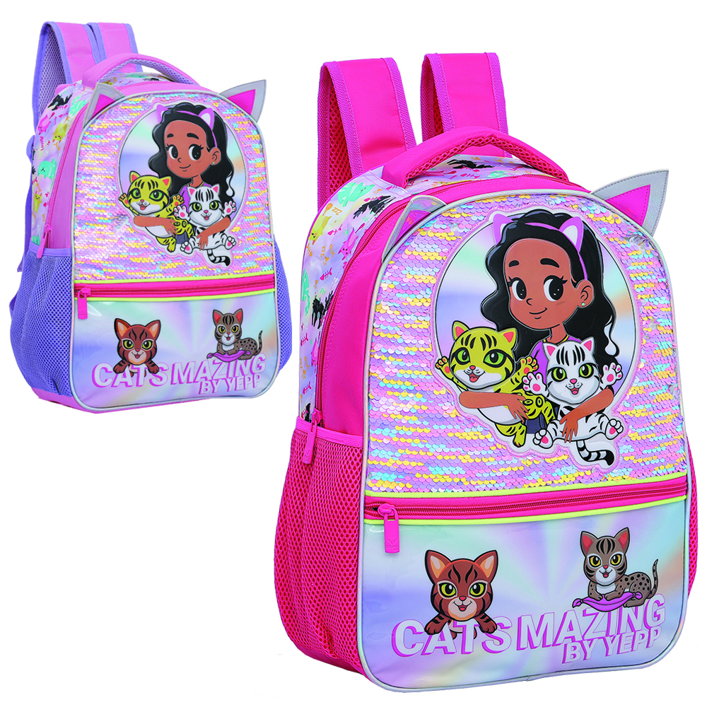 MOCHILA INFANTIL FEMININA CATS MAZING BY YEPP COM LANTEJOULA MAGICA 16''