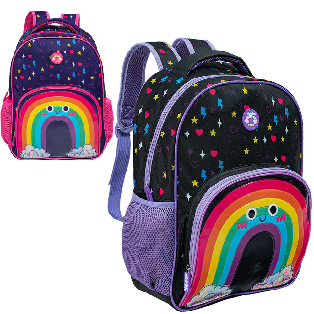 MOCHILA INFANTIL FEMININA ARCO IRIS COM LANTEJOULA MAGICA YEPP 16''