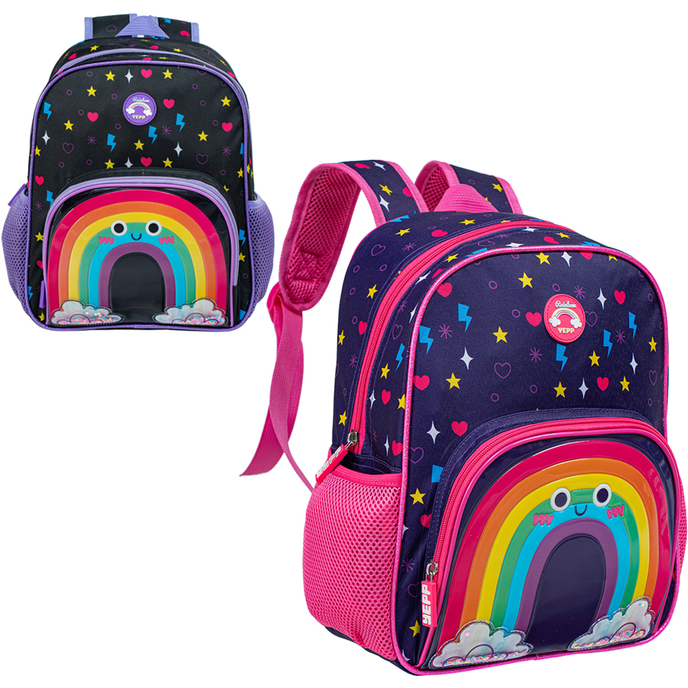 MOCHILA INFANTIL FEMININA ARCO IRIS COM LANTEJOULA MAGICA YEPP 13''
