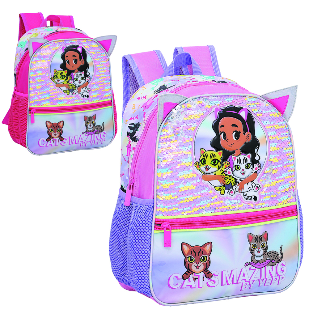 MOCHILA INFANTIL FEMININA CATS MAZING BY YEPP COM LANTEJOULA MAGICA 13''