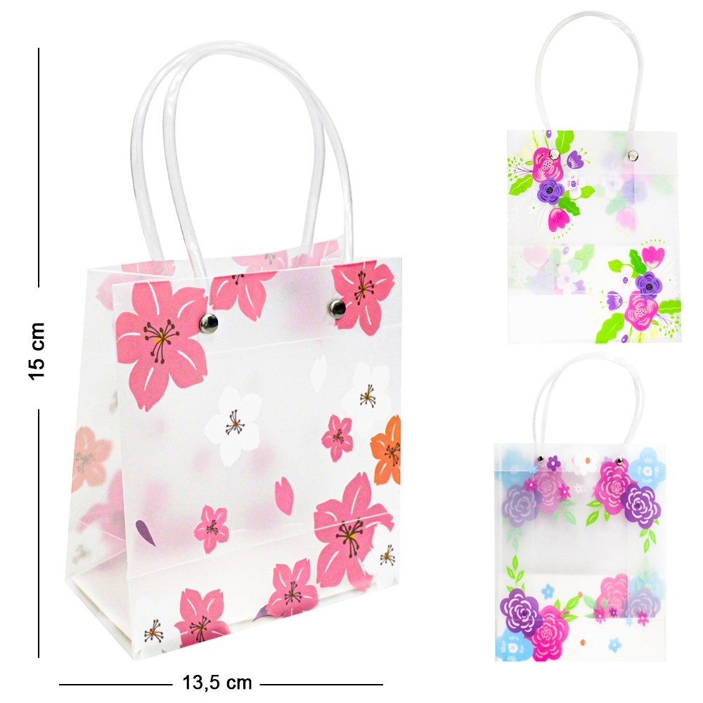 BOLSA SACOLA DE PLASTICO PARA PRESENTE TRANSPARENTE FLORAL P 15X13,5X7CM