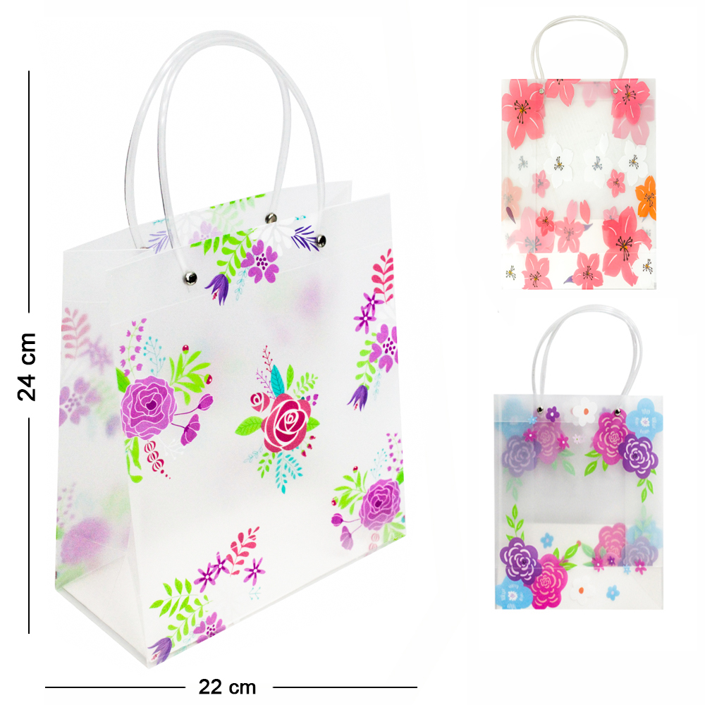 BOLSA SACOLA DE PLASTICO PARA PRESENTE TRANSPARENTE FLORAL M 24X22X10CM
