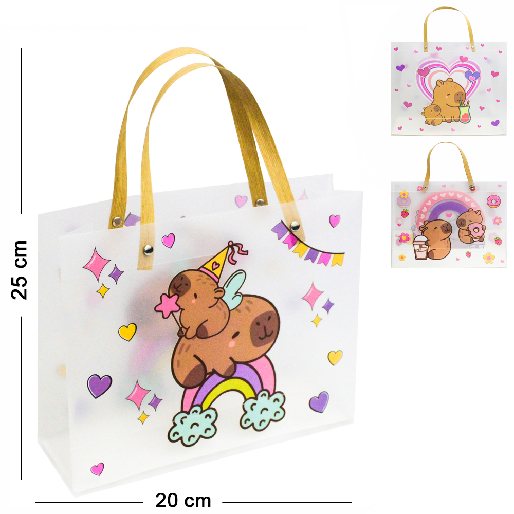 BOLSA SACOLA DE PLASTICO PARA PRESENTE TRANSPARENTE CAPIVARA P 25X20X8CM