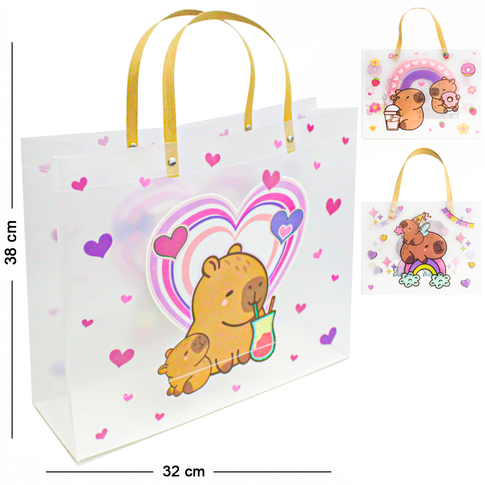 BOLSA SACOLA DE PLASTICO PARA PRESENTE TRANSPARENTE CAPIVARA G 38X32X12CM